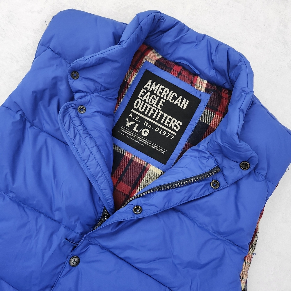 AMERICAN EAGLE Mens Blue Down Fill Puffer Vest Flannel Lined Plaid XL Winter‎
